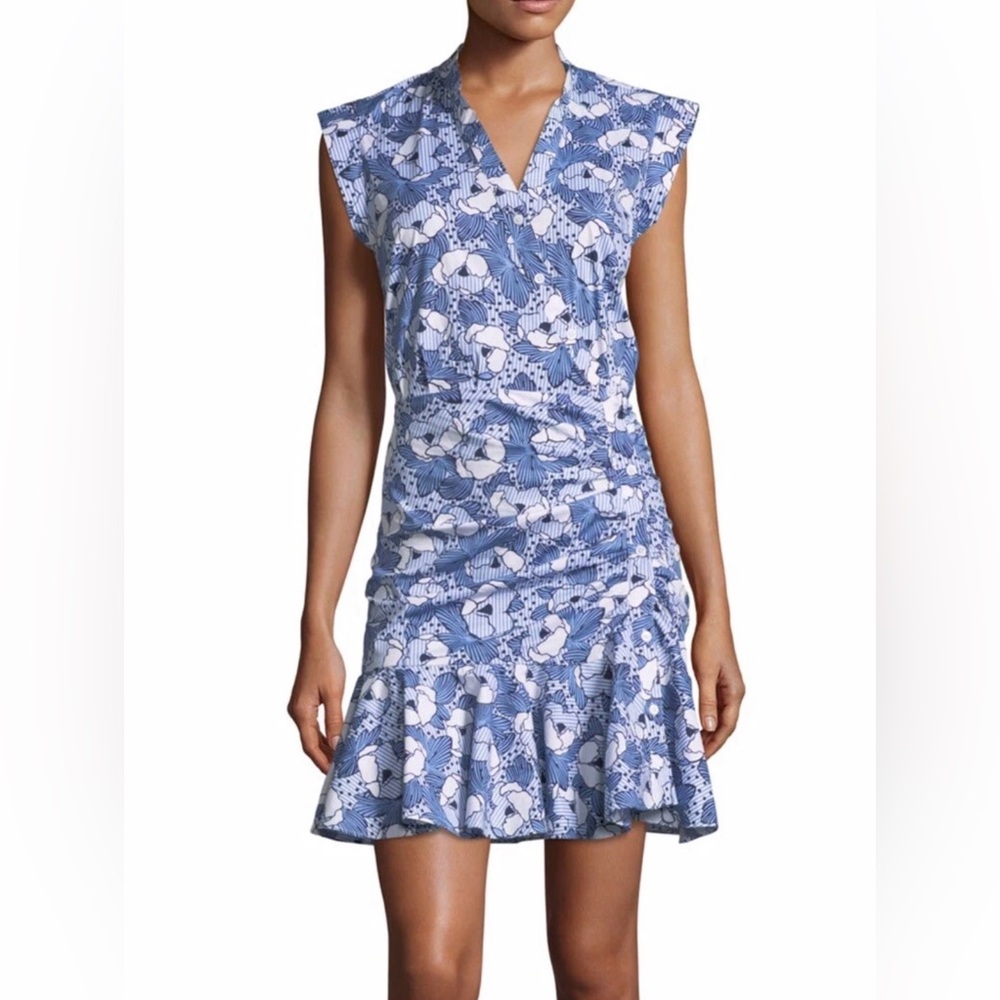 Veronica Beard Blue Fountain Floral Sleeveless Ruched Mini Button Up Dress Sz 8